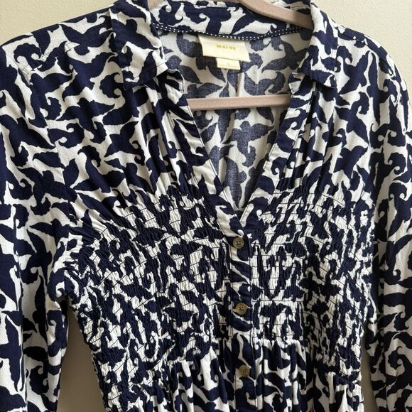 Anthropologie Maeve Alexa Bird Print Linen Blend Smocked Tunic Top Size Small - Picture 6 of 7